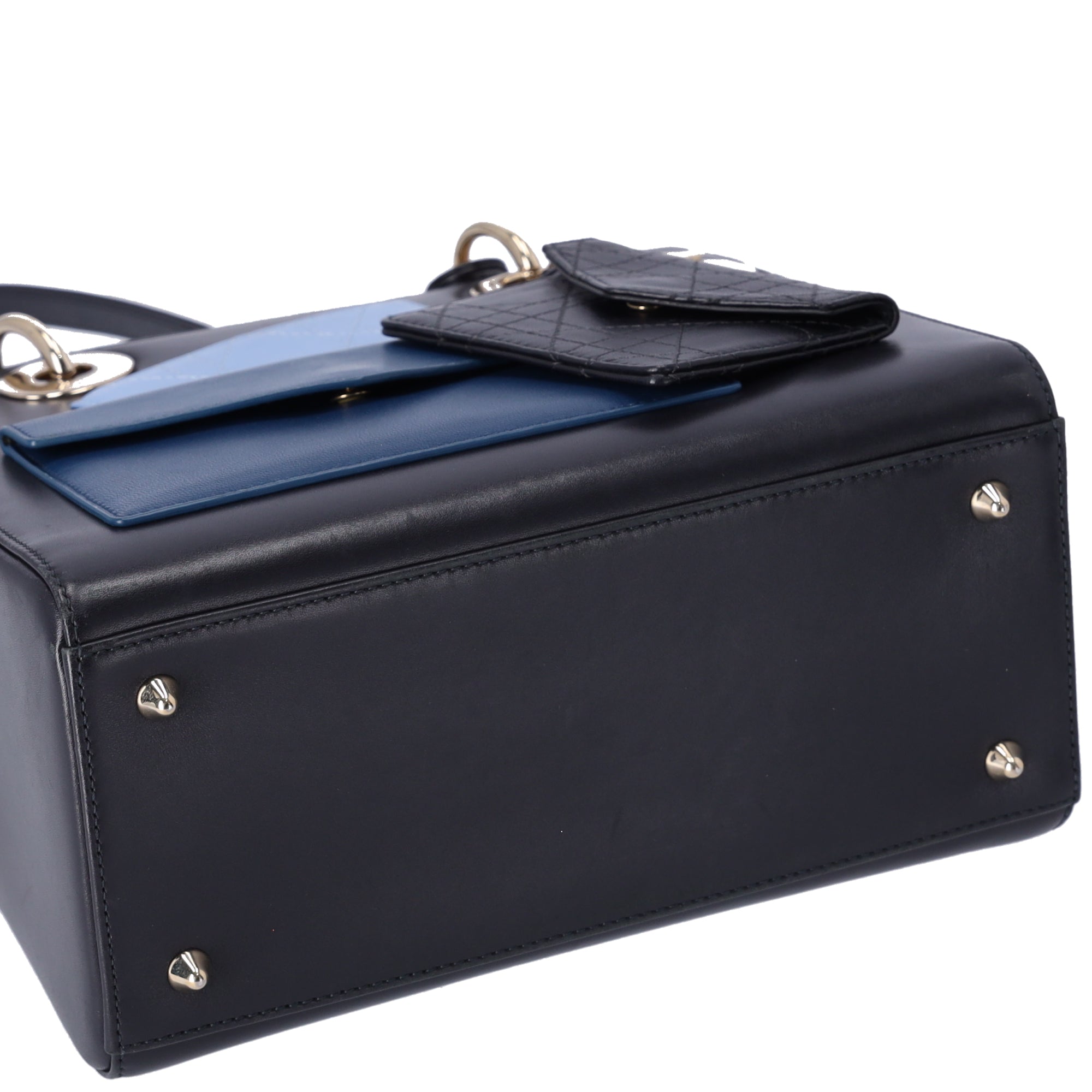 Christian Dior Lady Dior Medium Bag Handbag Black Blue Calf Skin