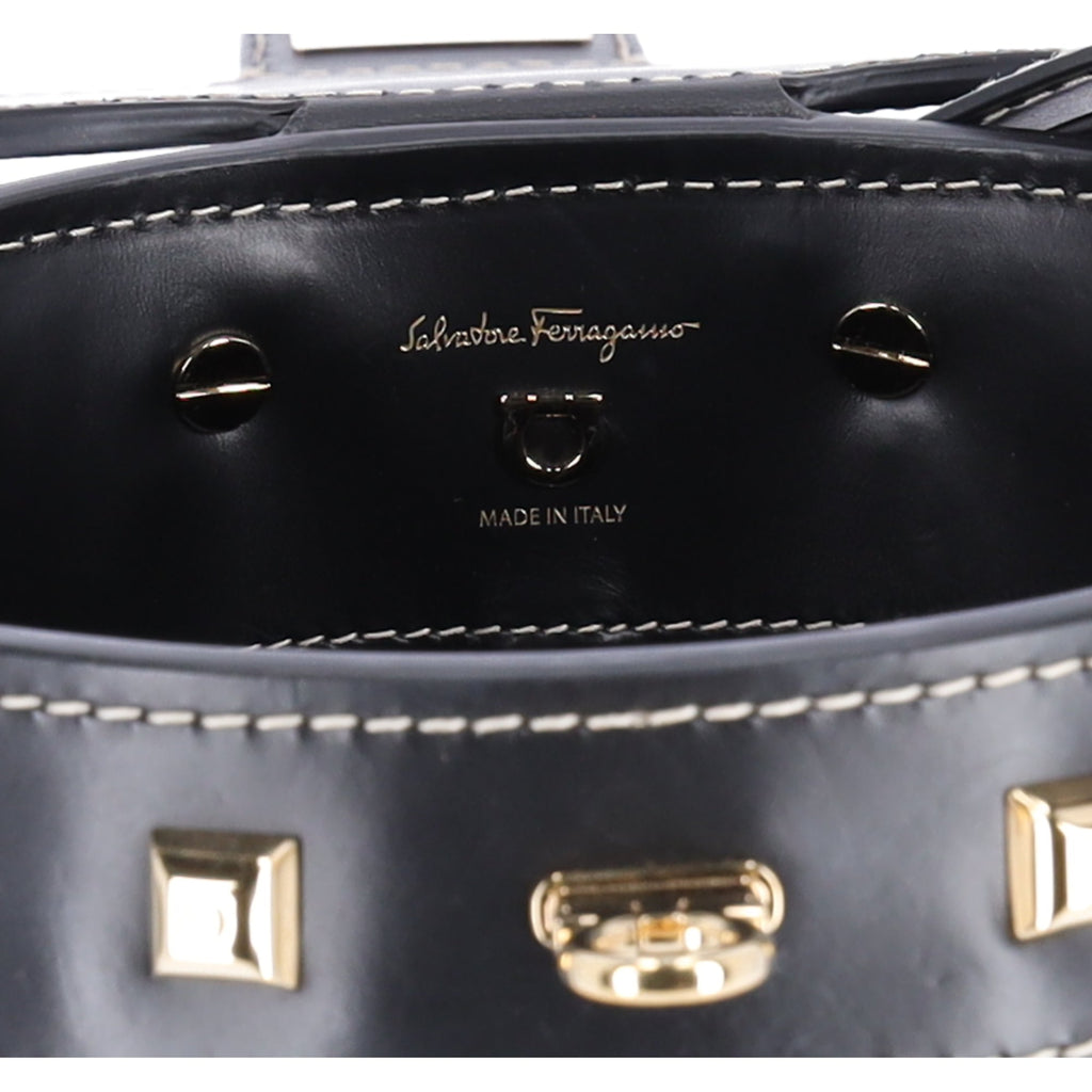 Salvatore Ferragamo Gancini Drawstring Bucket Bag Wicker Studded Leather + Pouch