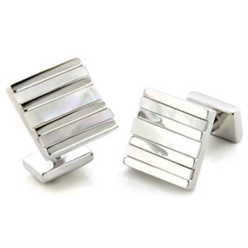 Rhodium Brass Cufflink with Precious Stone Conch in White