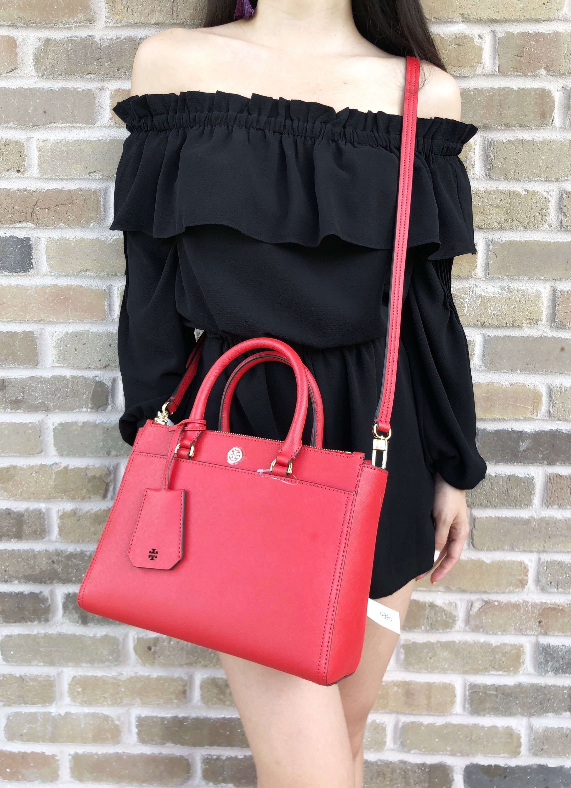 Tory Burch Robinson Small Double-Zip Satchel Bag Poppy Orange Red
