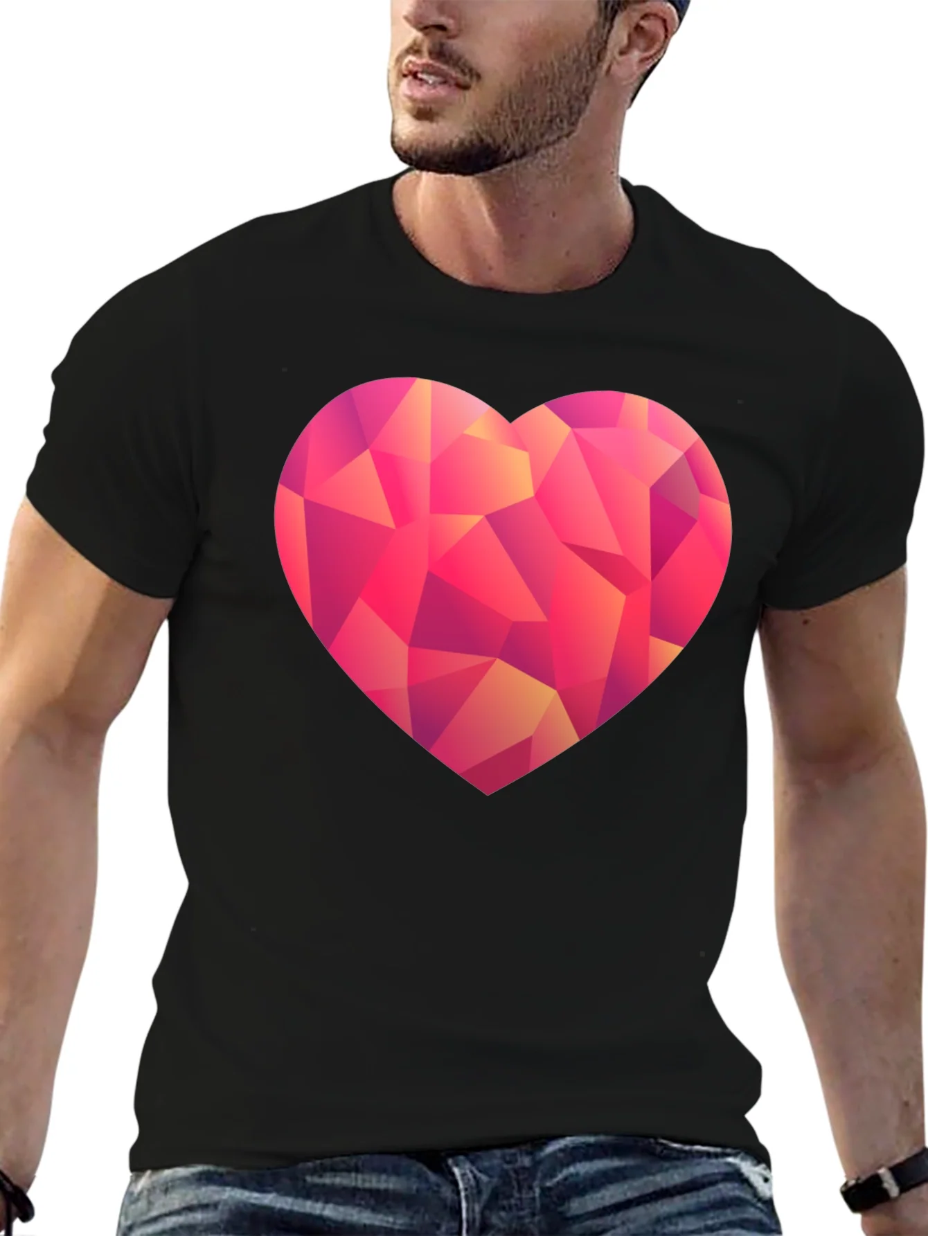Geometric Heart Print Black T-Shirt