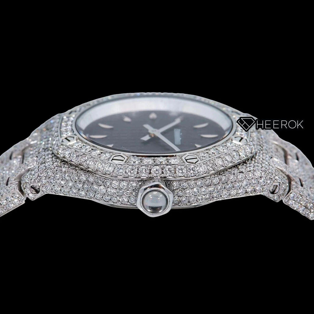 AP Royal Oak Black Dial Oval Markers Diamond Bezel Fully Iced Out Moissanite Diamond Watch For Women