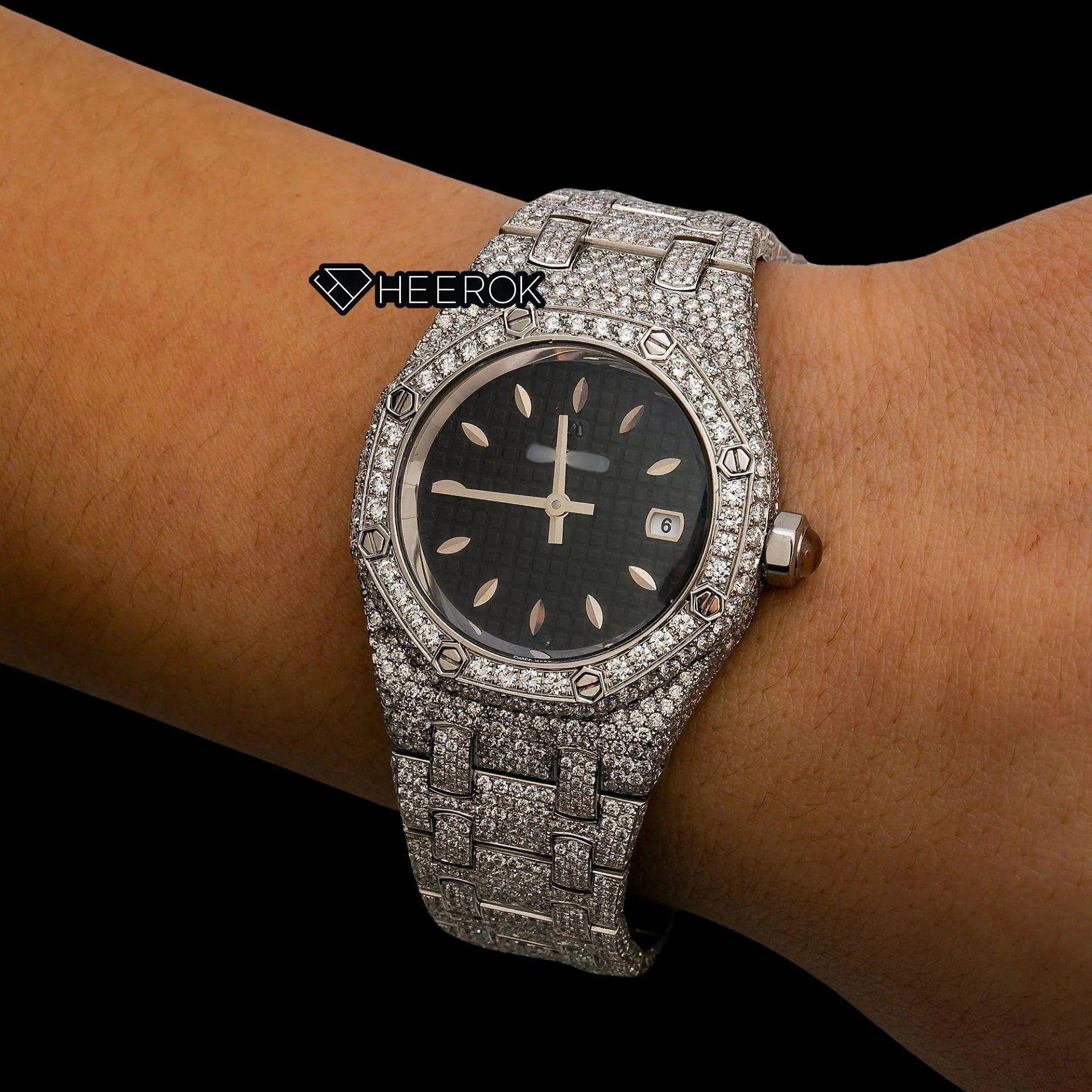AP Royal Oak Black Dial Oval Markers Diamond Bezel Fully Iced Out Moissanite Diamond Watch For Women
