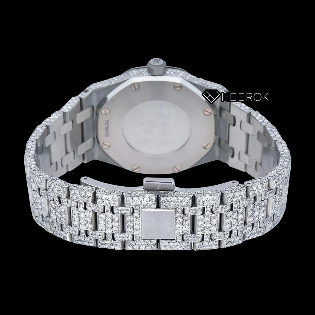 AP Royal Oak Black Dial White Stick Markers Diamond Bezel Fully Iced Moissanite Diamond Watch For Women