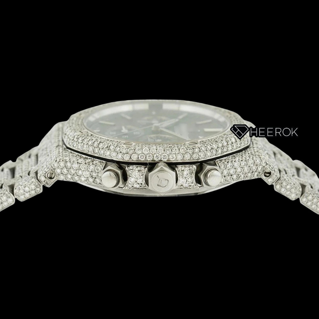 AP Royal Oak Chronograph Black Dial White Stick Markers Pave Diamond Bezel Fully Iced Out Moissanite Watch