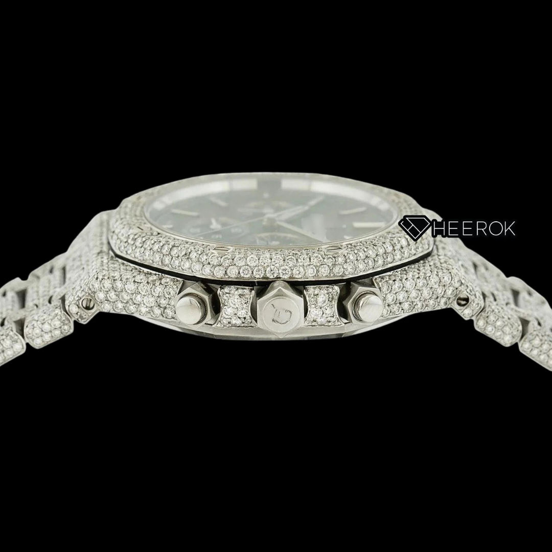 AP Royal Oak Chronograph Black Dial White Stick Markers Pave Diamond Bezel Fully Iced Out Moissanite Watch