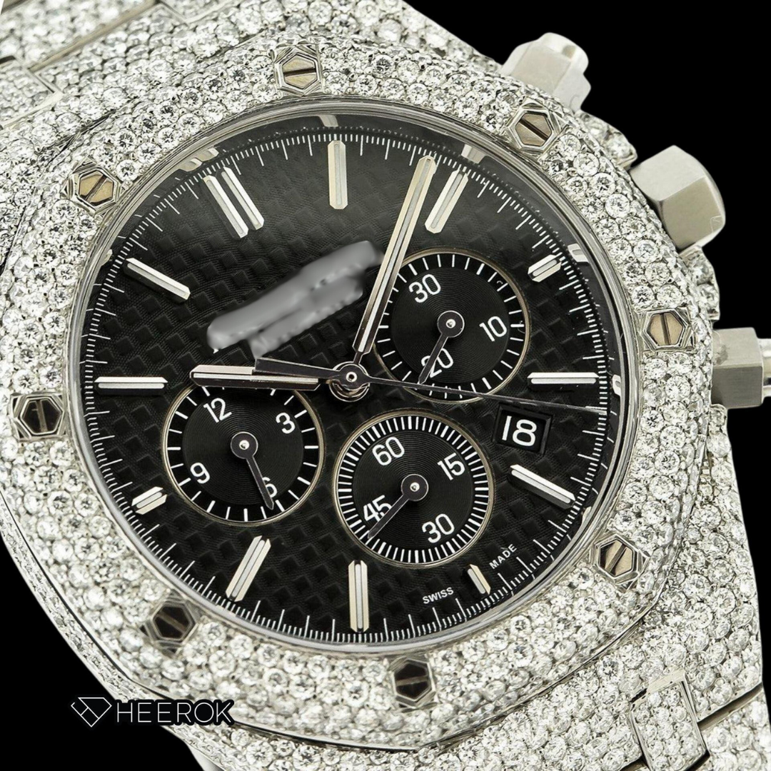 AP Royal Oak Chronograph Black Dial White Stick Markers Pave Diamond Bezel Fully Iced Out Moissanite Watch