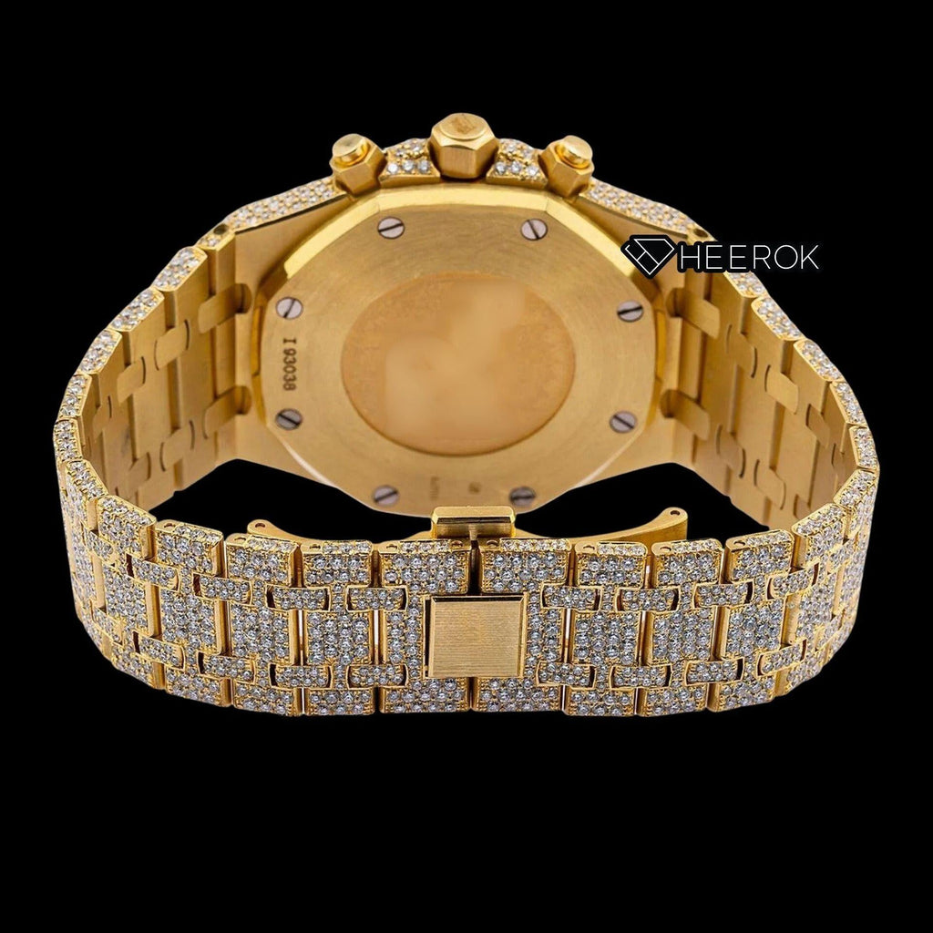 AP Royal Oak Chronograph Full Pave Diamond Dial Baguette Diamond Markers Diamond Bezel Yellow Gold Fully Iced Out Moissanite Watch