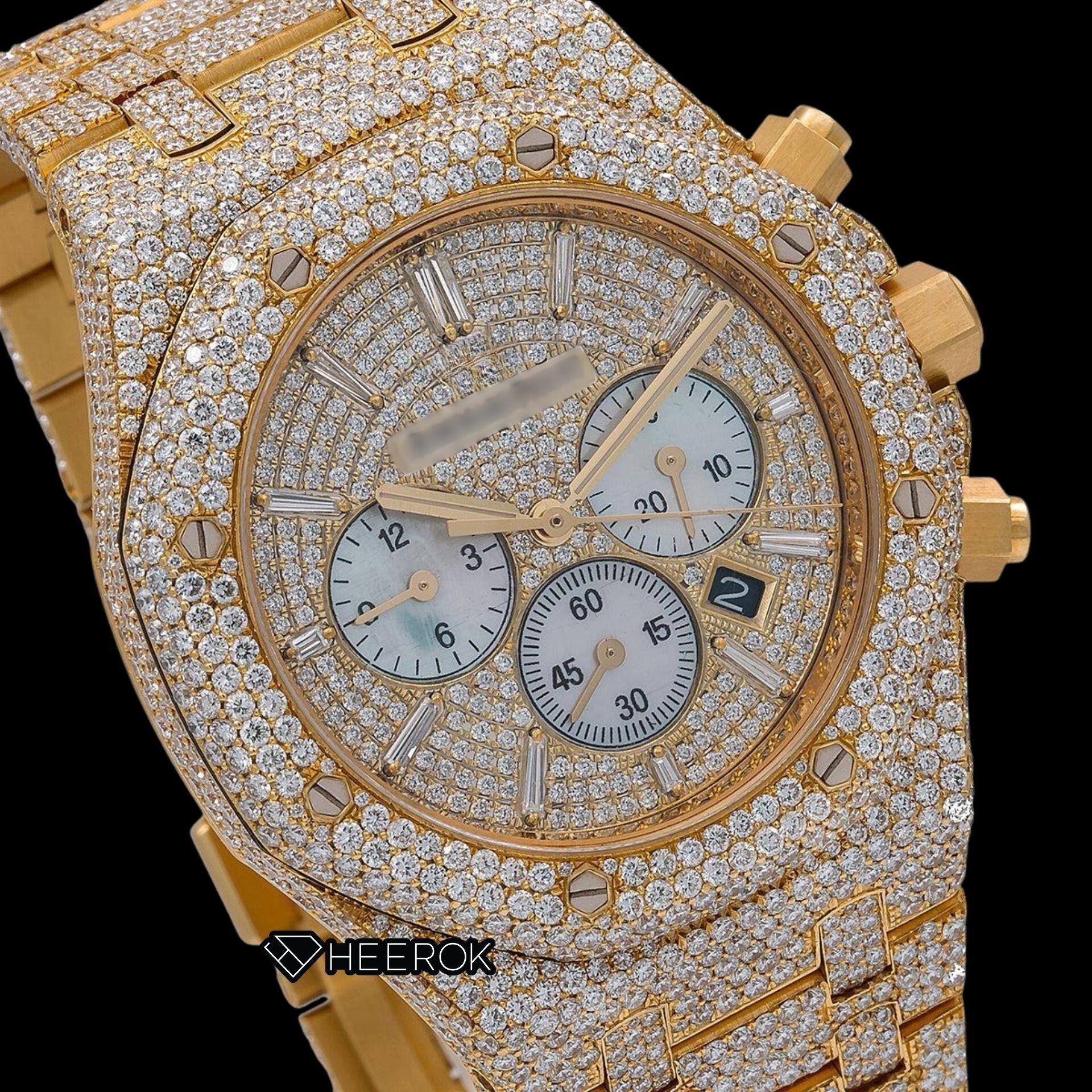 AP Royal Oak Chronograph Full Pave Diamond Dial Baguette Diamond Markers Diamond Bezel Yellow Gold Fully Iced Out Moissanite Watch