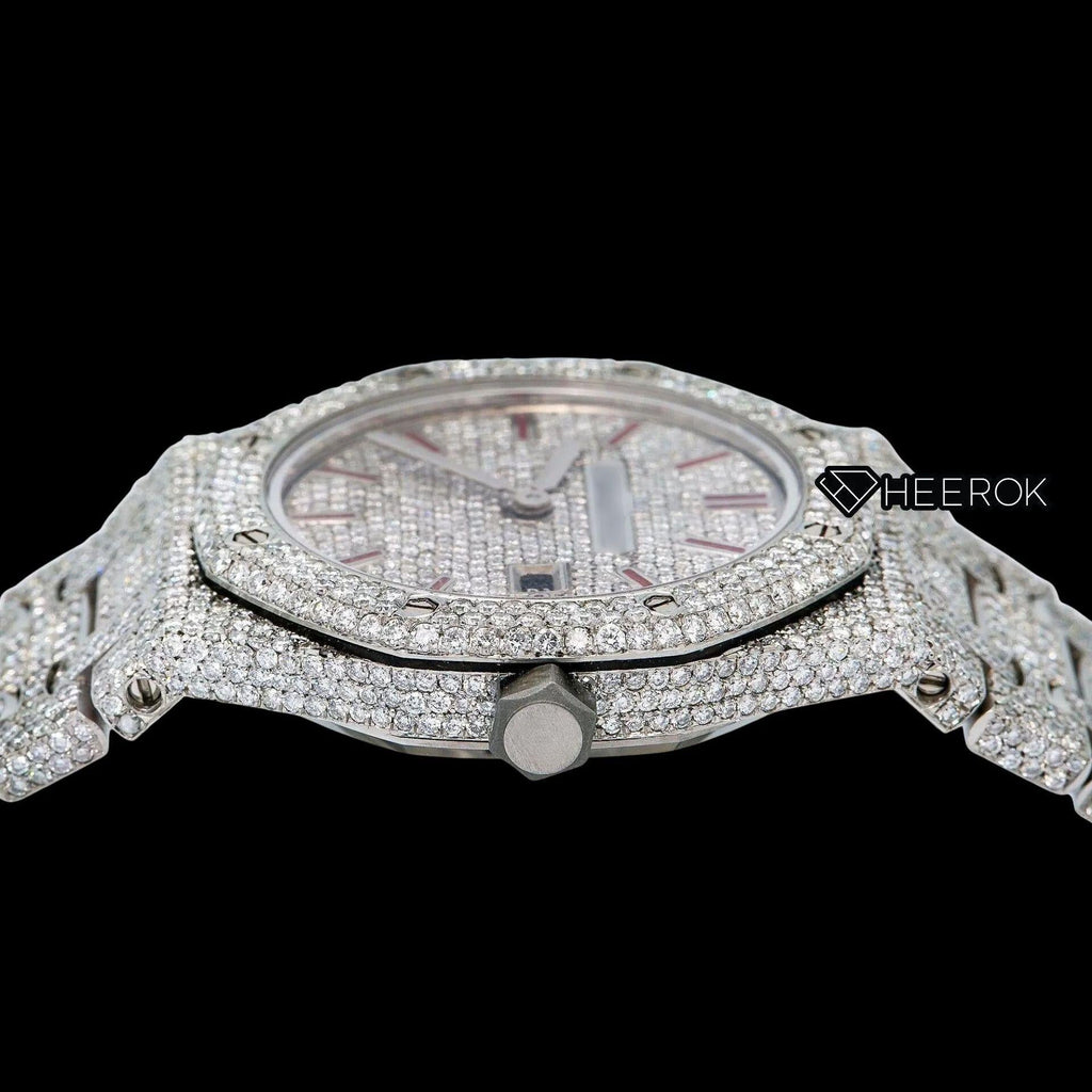 AP Royal Oak Full Pave Dial Red Stick Markers Diamond Bezel Full Iced Out Moissanite Diamond Watch For Women