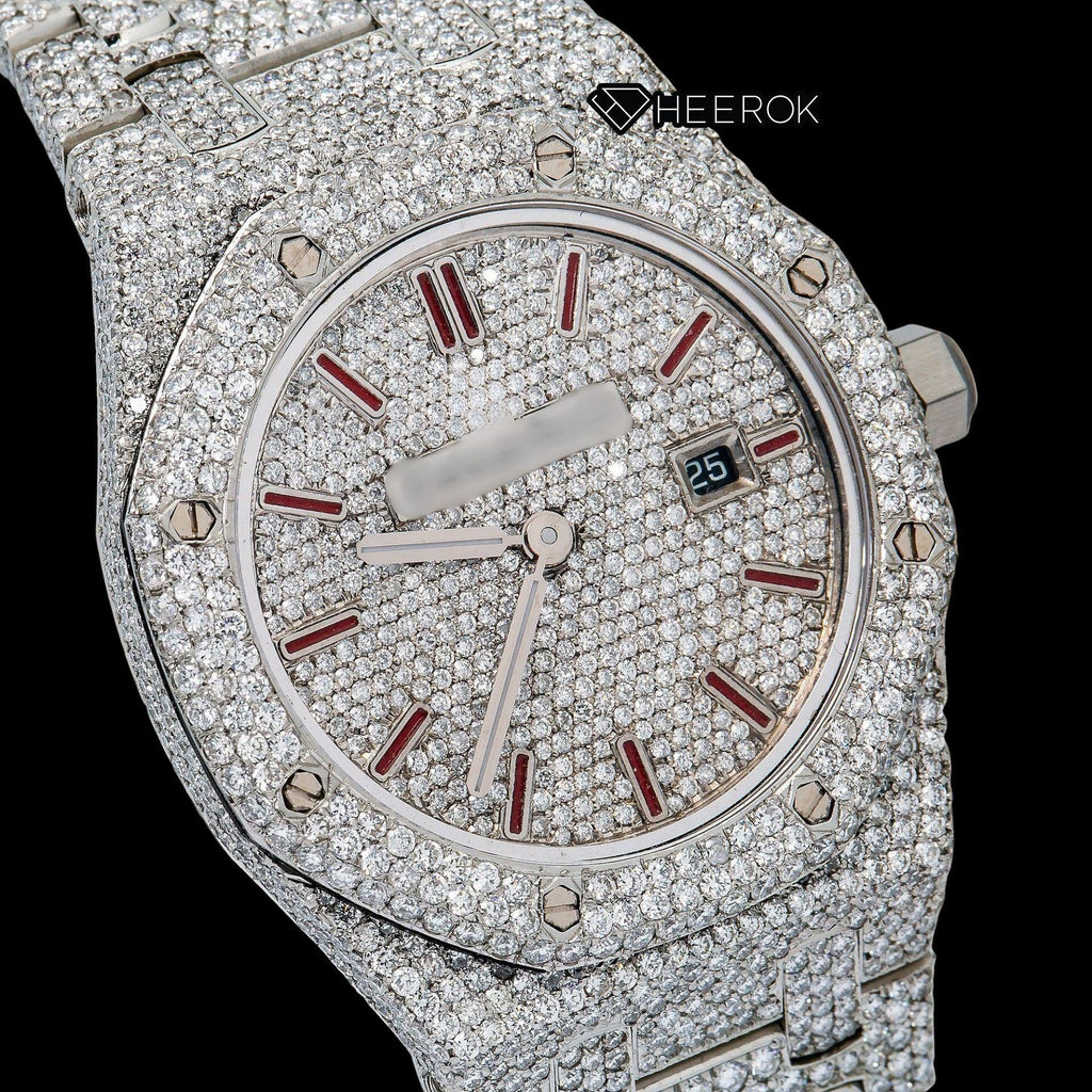 AP Royal Oak Full Pave Dial Red Stick Markers Diamond Bezel Full Iced Out Moissanite Diamond Watch For Women