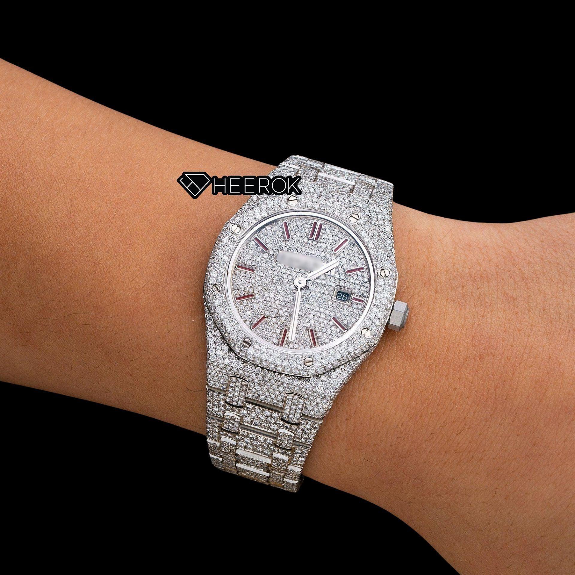 AP Royal Oak Full Pave Dial Red Stick Markers Diamond Bezel Full Iced Out Moissanite Diamond Watch For Women