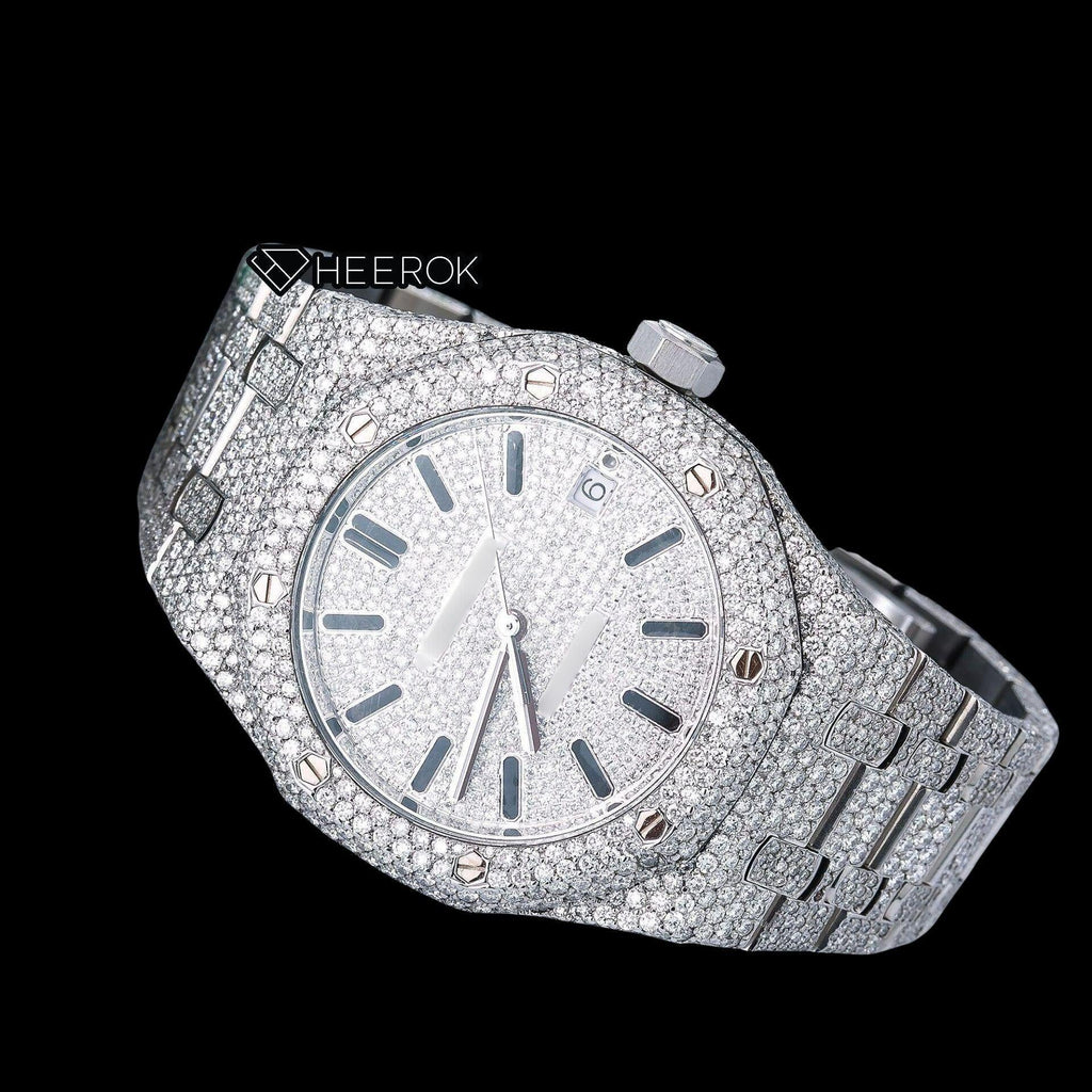 AP Royal Oak Full Pave Diamond Dial Black Stick Markers Diamond Bezel Fully Iced Out Moissanite Watch