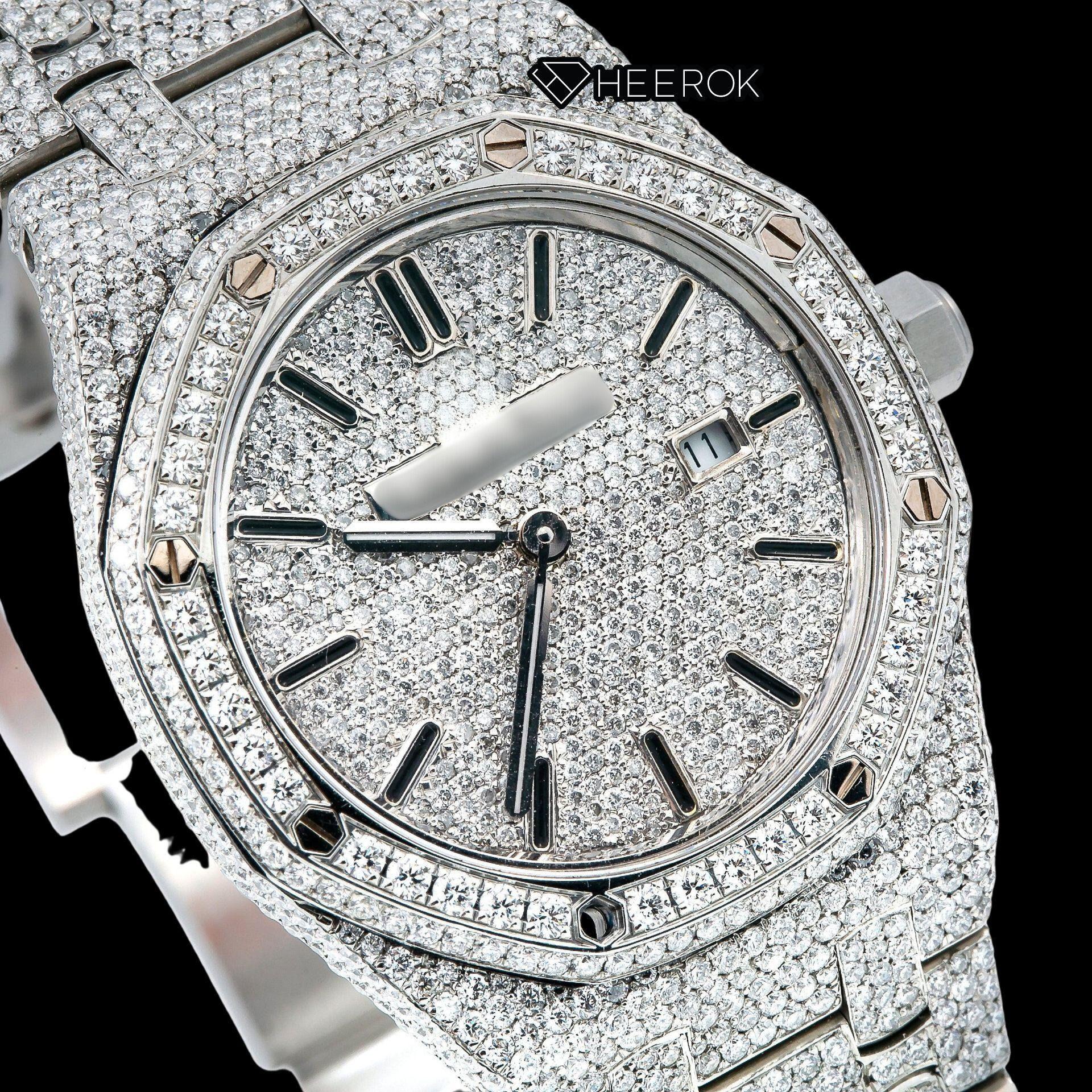 AP Royal Oak Full Pave Diamond Dial Black Stick Markers Diamond Bezel Fully Iced Out Moissanite Watch For Women