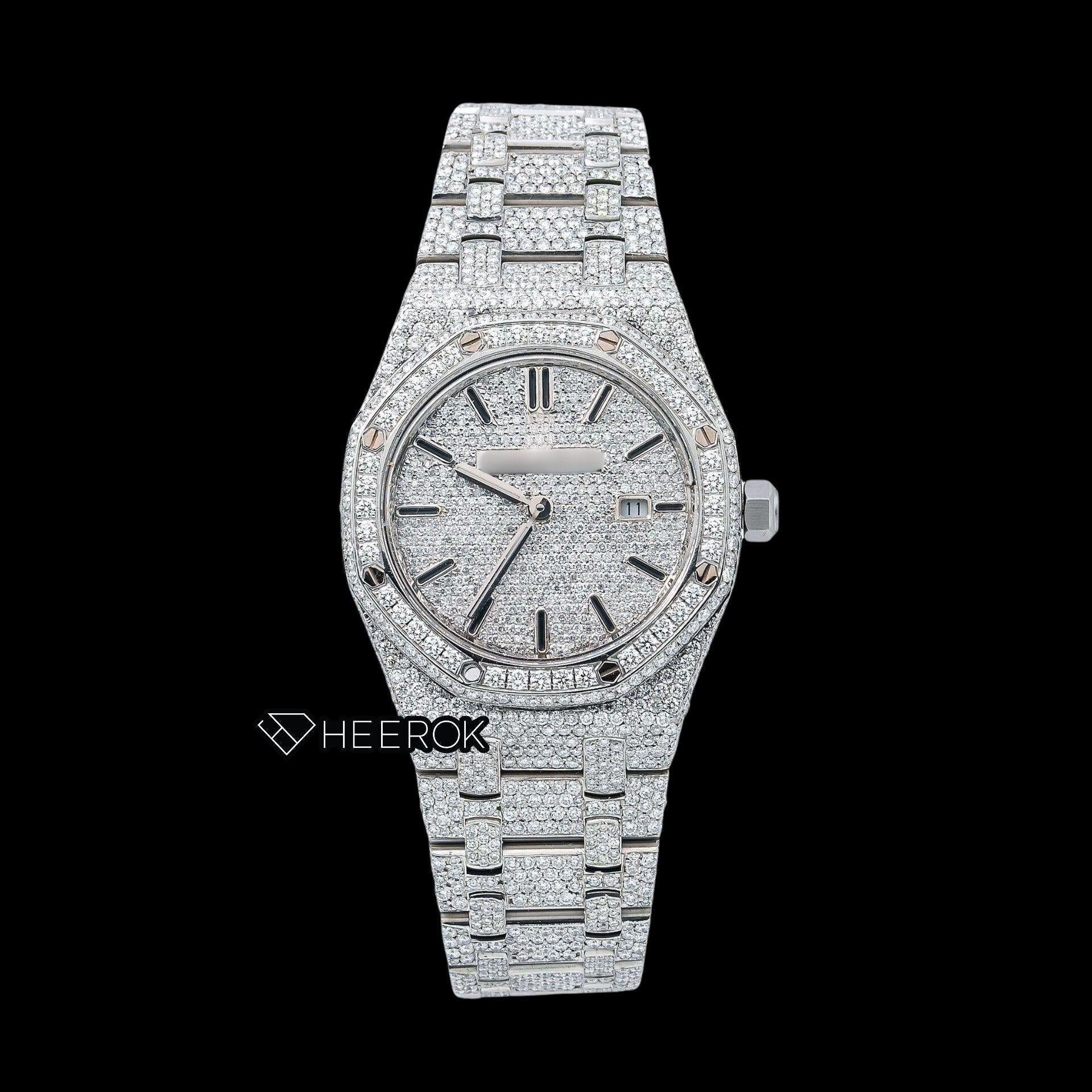 AP Royal Oak Full Pave Diamond Dial Black Stick Markers Diamond Bezel Fully Iced Out Moissanite Watch For Women