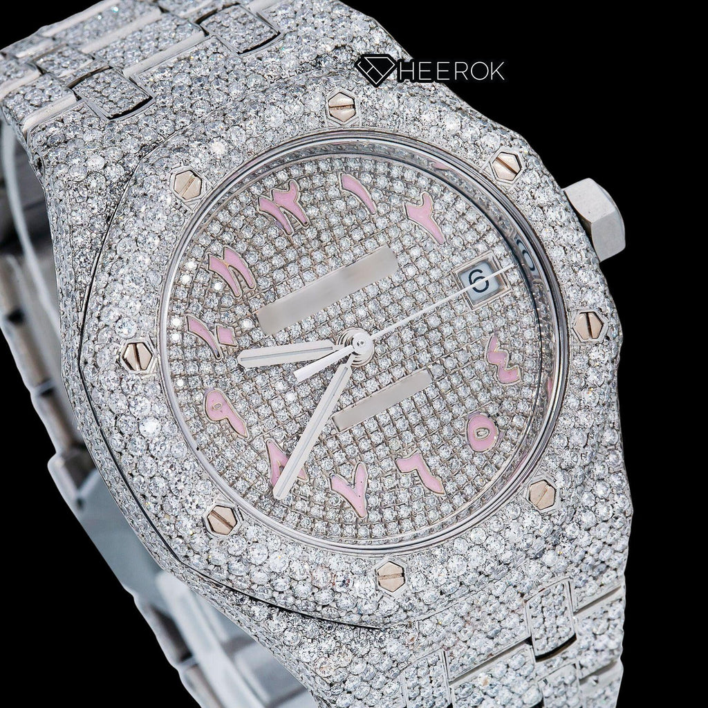 AP Royal Oak Full Pave Diamond Dial Pink Arabic Numerals Diamond Bezel Moissanite Diamond Watch