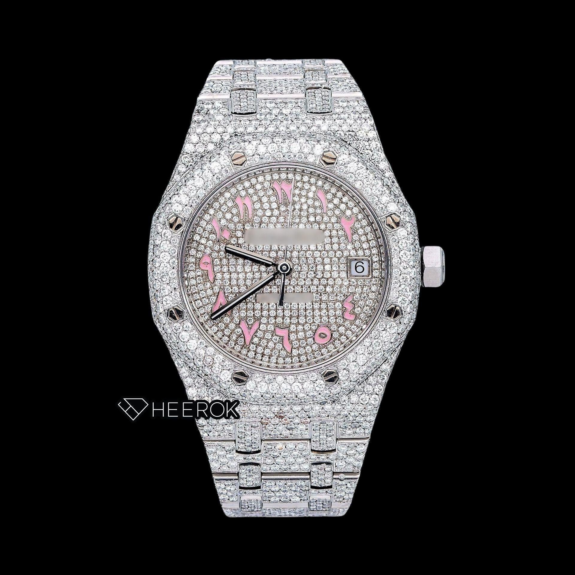 AP Royal Oak Full Pave Diamond Dial Pink Arabic Numerals Diamond Bezel Moissanite Diamond Watch