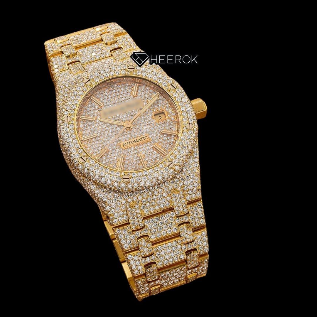 AP Royal Oak Full Pave Diamond Dial Stick Markers Yellow Gold Diamond Bezel Fully Iced Out Yellow Gold Moissanite Watch For Women
