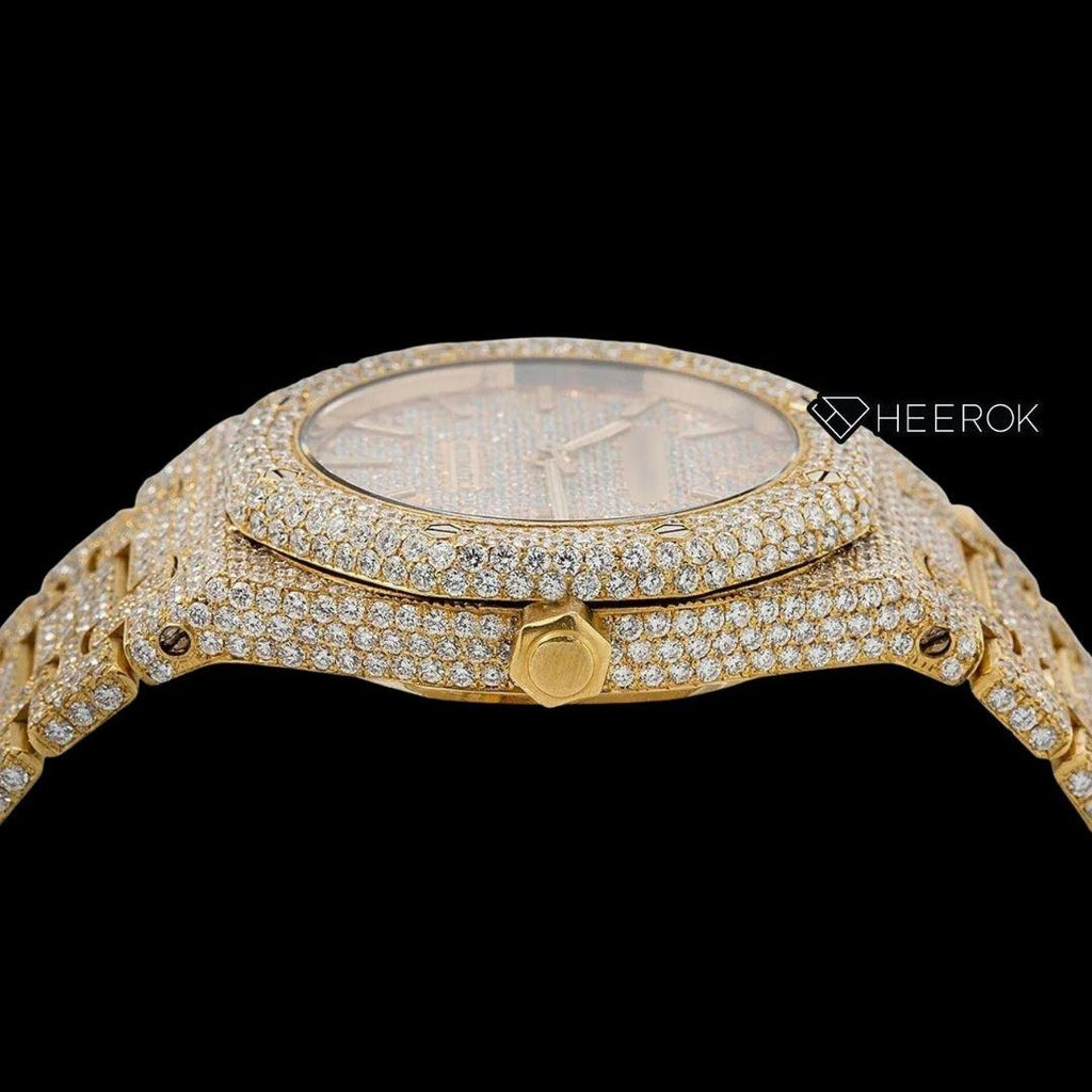AP Royal Oak Full Pave Diamond Dial Stick Markers Yellow Gold Diamond Bezel Fully Iced Out Yellow Gold Moissanite Watch For Women