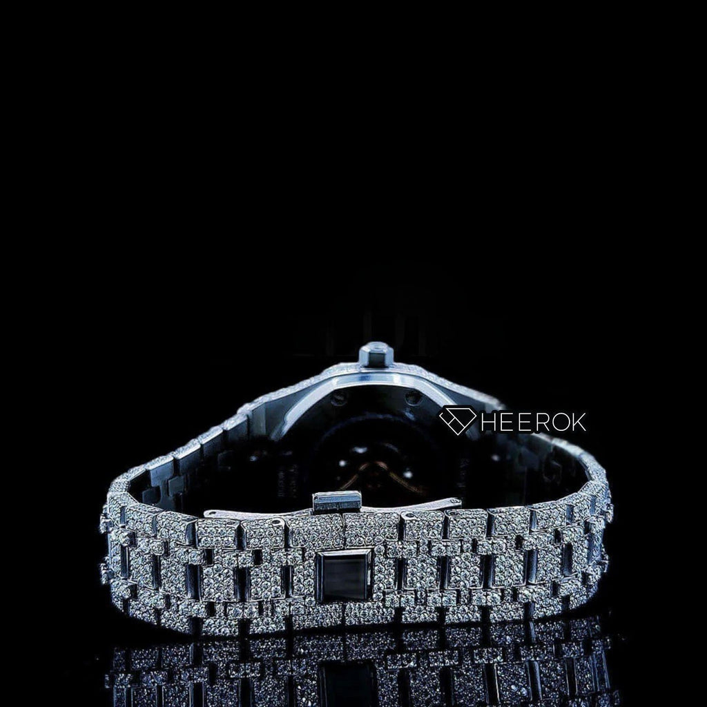 AP Royal Oak Fully Iced Out White Dial Blue Arabic Numerals Diamond Bezel Moissanite Diamond Bracelet