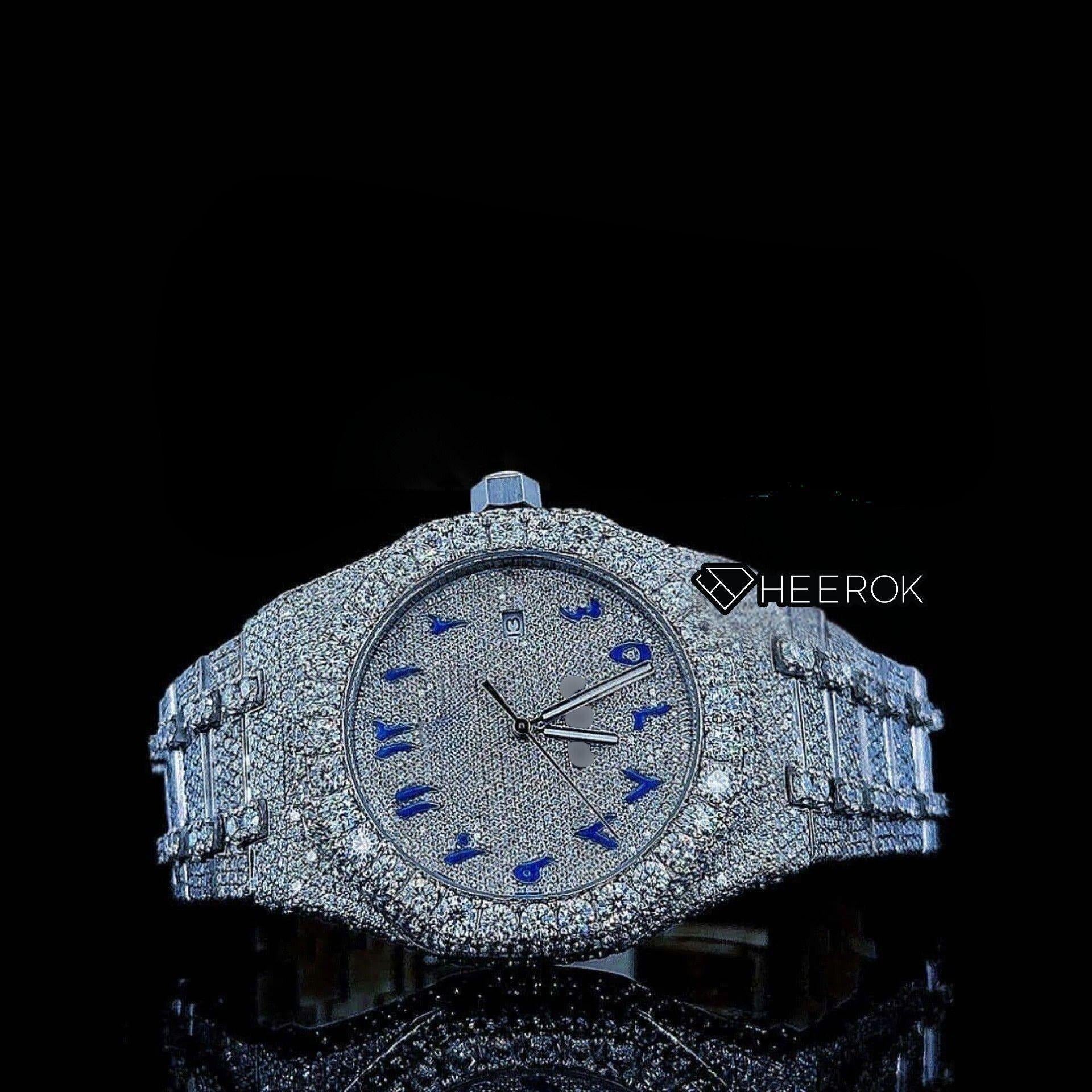 AP Royal Oak Fully Iced Out White Dial Blue Arabic Numerals Diamond Bezel Moissanite Diamond Bracelet