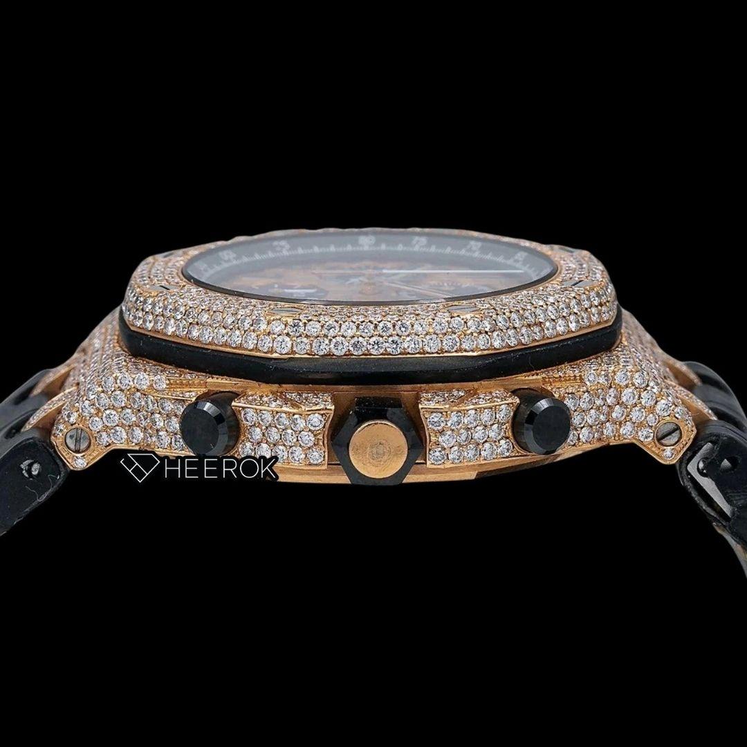 AP Royal Oak Offshore Black Chronograph Standard Numerals Brown Dial Rose Gold Diamond Bezel Black Leather Strap Semi Iced Out Moissanite Watch
