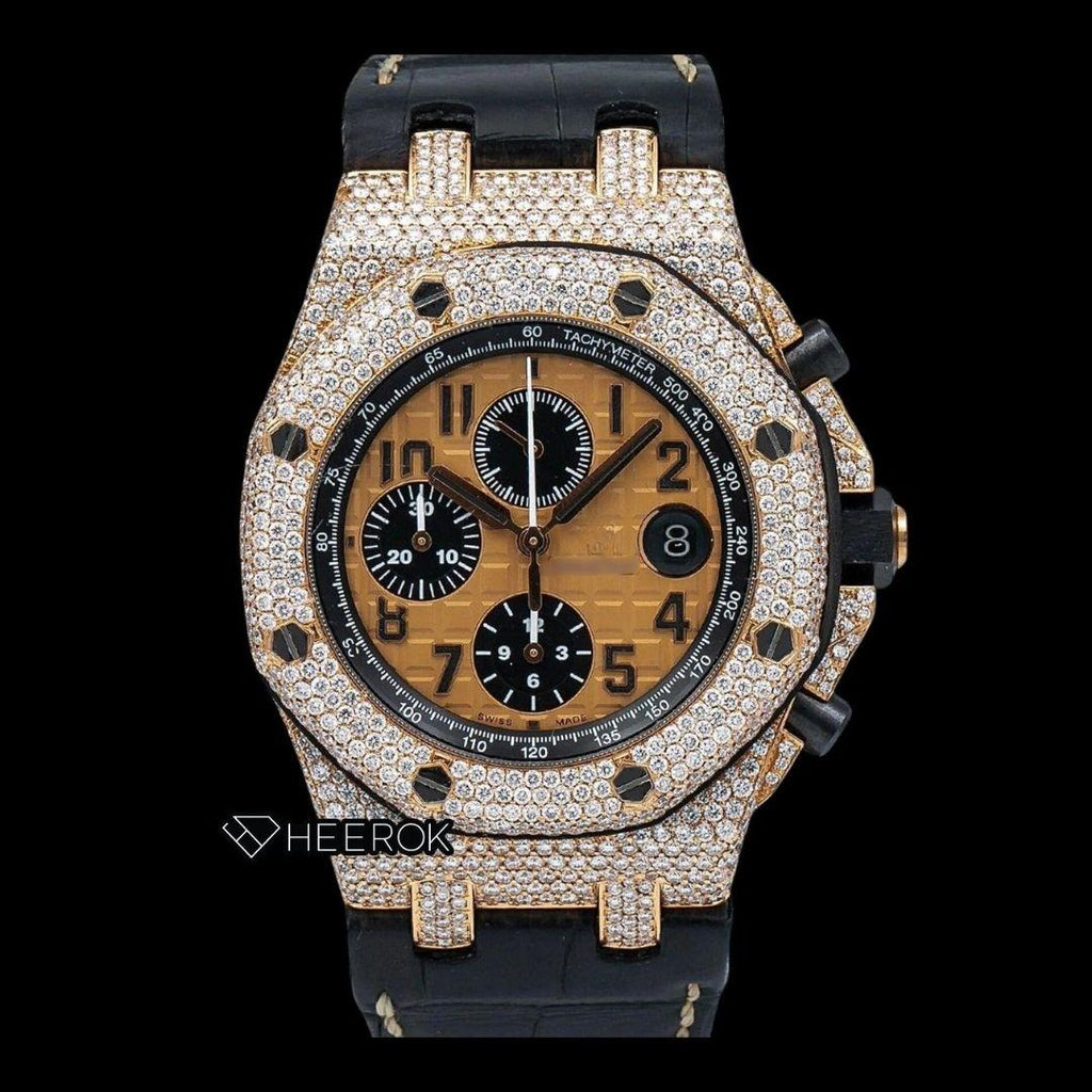 AP Royal Oak Offshore Black Chronograph Standard Numerals Brown Dial Rose Gold Diamond Bezel Black Leather Strap Semi Iced Out Moissanite Watch
