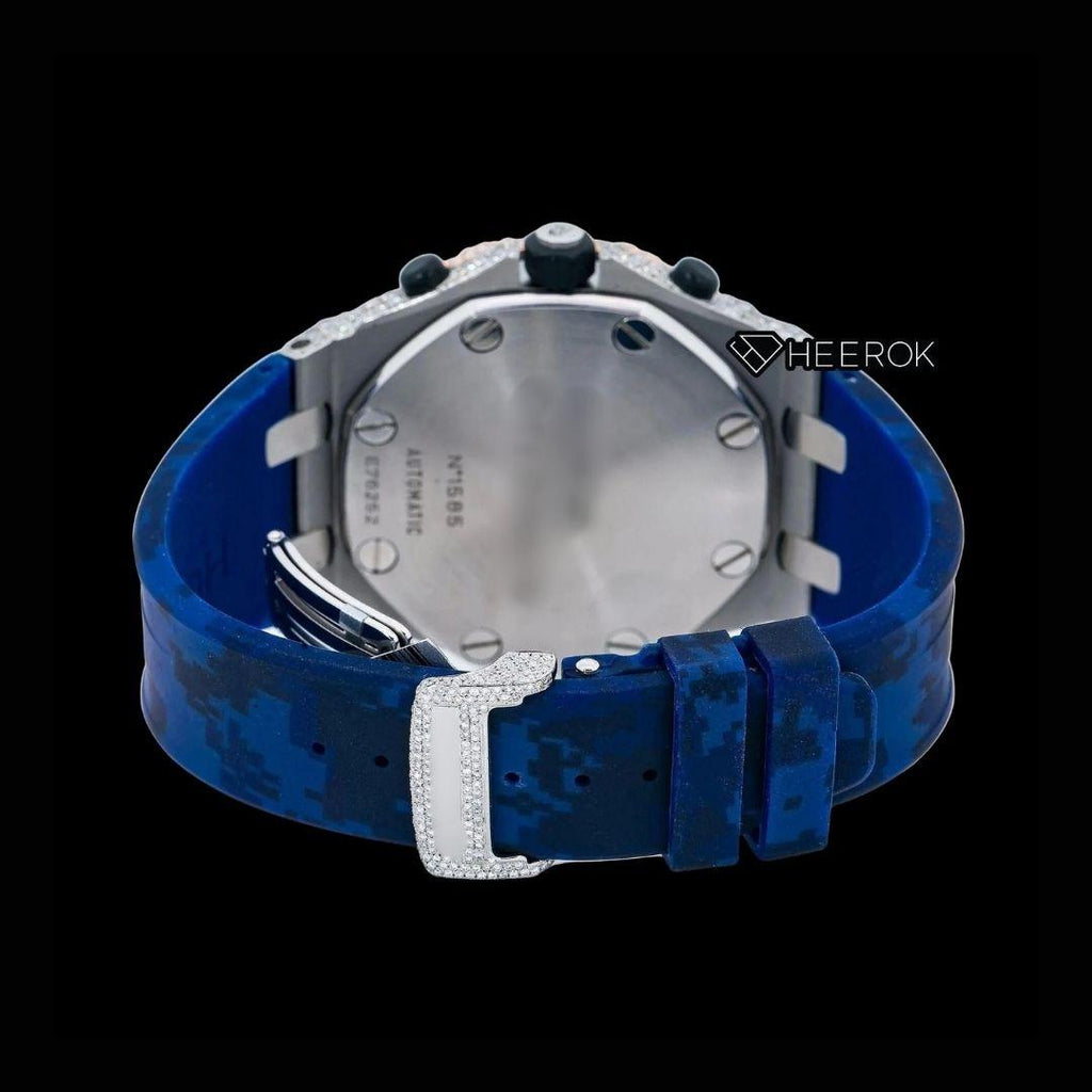 AP Royal Oak Offshore Chronograph Blue Dial Standard Numerals Rose Gold Large Round Diamond Bezel Blue Rubber Strap Semi Iced Out Moissanite Watch