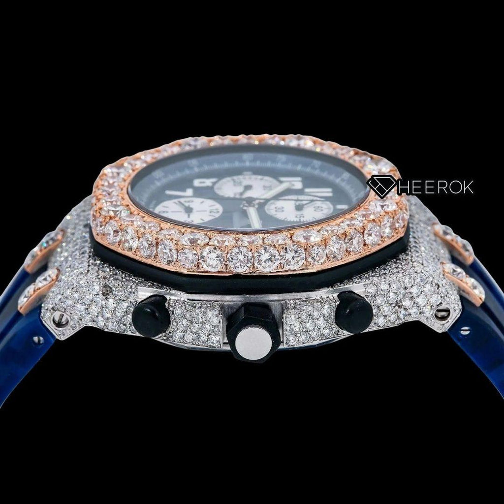 AP Royal Oak Offshore Chronograph Blue Dial Standard Numerals Rose Gold Large Round Diamond Bezel Blue Rubber Strap Semi Iced Out Moissanite Watch