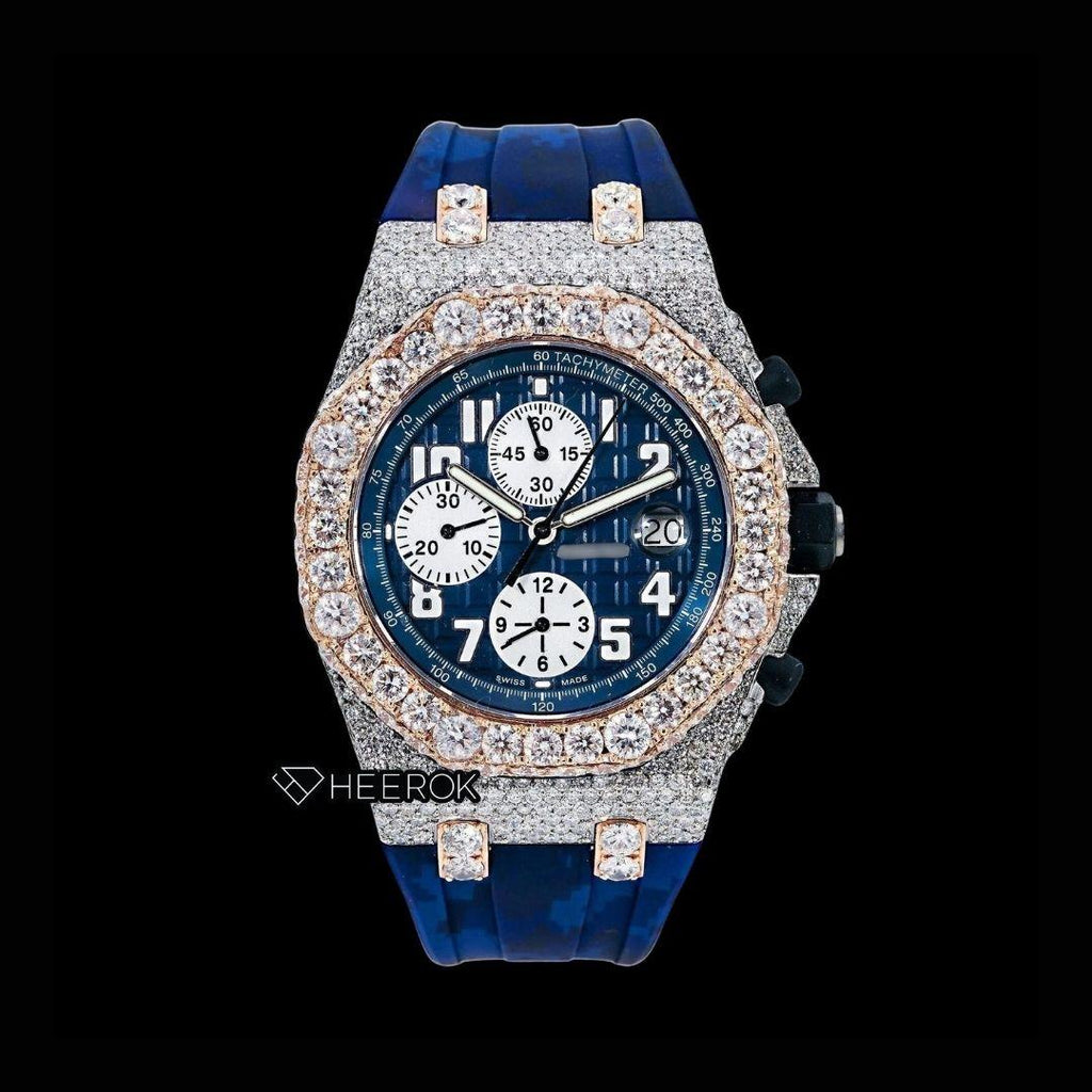 AP Royal Oak Offshore Chronograph Blue Dial Standard Numerals Rose Gold Large Round Diamond Bezel Blue Rubber Strap Semi Iced Out Moissanite Watch