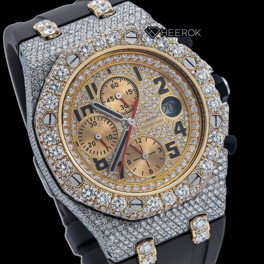 AP Royal Oak Offshore Chronograph Diamond Dial Black Standard Numerals Large Round Diamond Bezel Black Rubber Strap Semi Iced Out Moissanite Watch