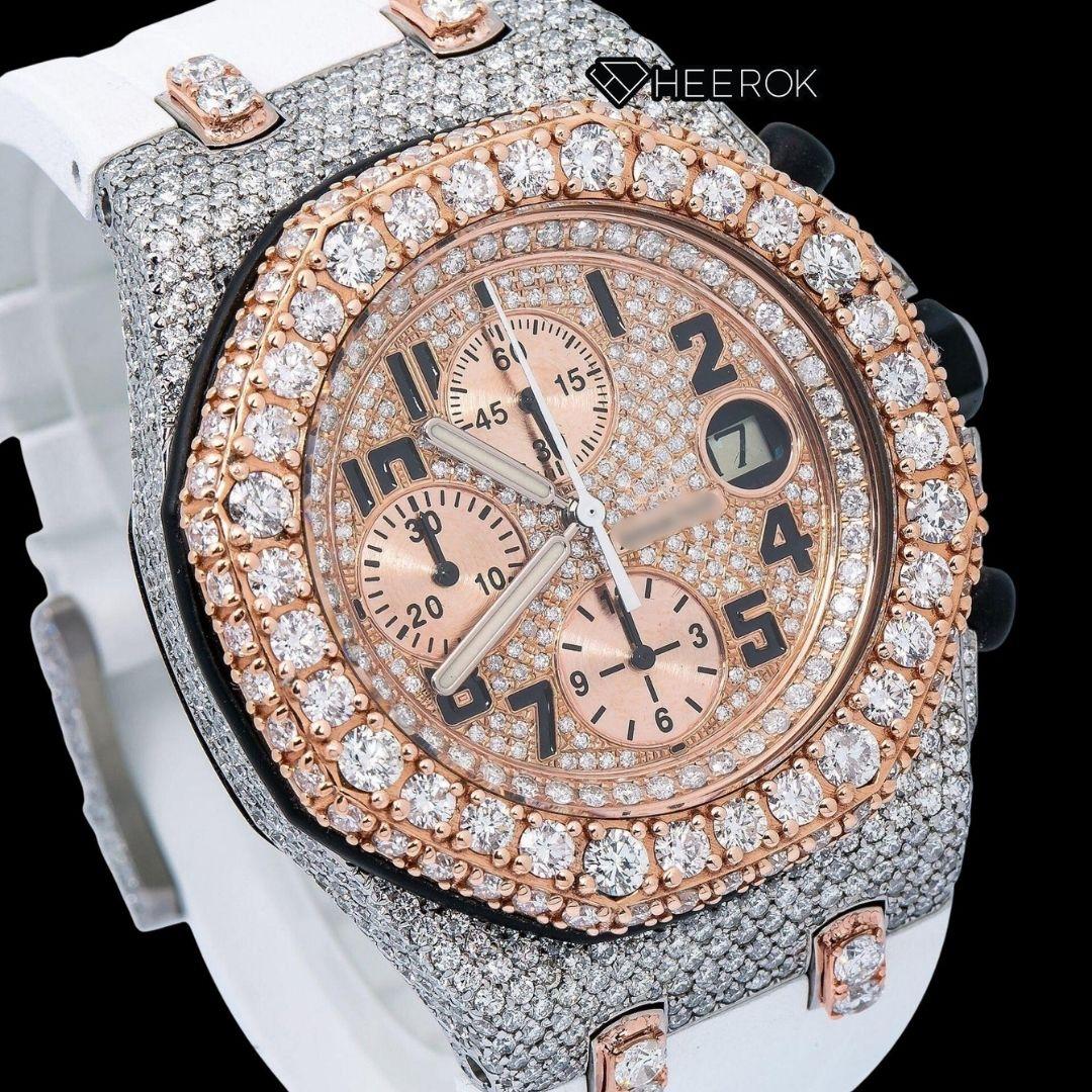 AP Royal Oak Offshore Chronograph Diamond Dial Black Standard Numerals Rose Gold Large Round Diamond Bezel White Rubber Strap Semi Iced Out Moissanite Watch