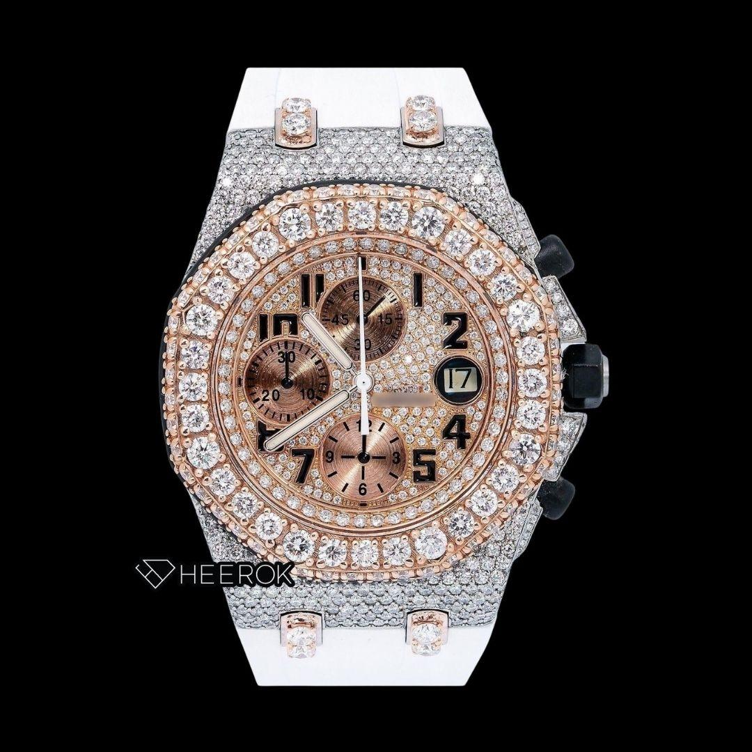 AP Royal Oak Offshore Chronograph Diamond Dial Black Standard Numerals Rose Gold Large Round Diamond Bezel White Rubber Strap Semi Iced Out Moissanite Watch