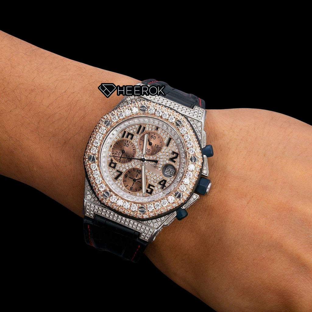 AP Royal Oak Offshore Chronograph Pave Diamond Dial Black Standard Numerals Rose Gold Diamond Bezel Black Leather Strap Semi Iced Out Moissanite Watch