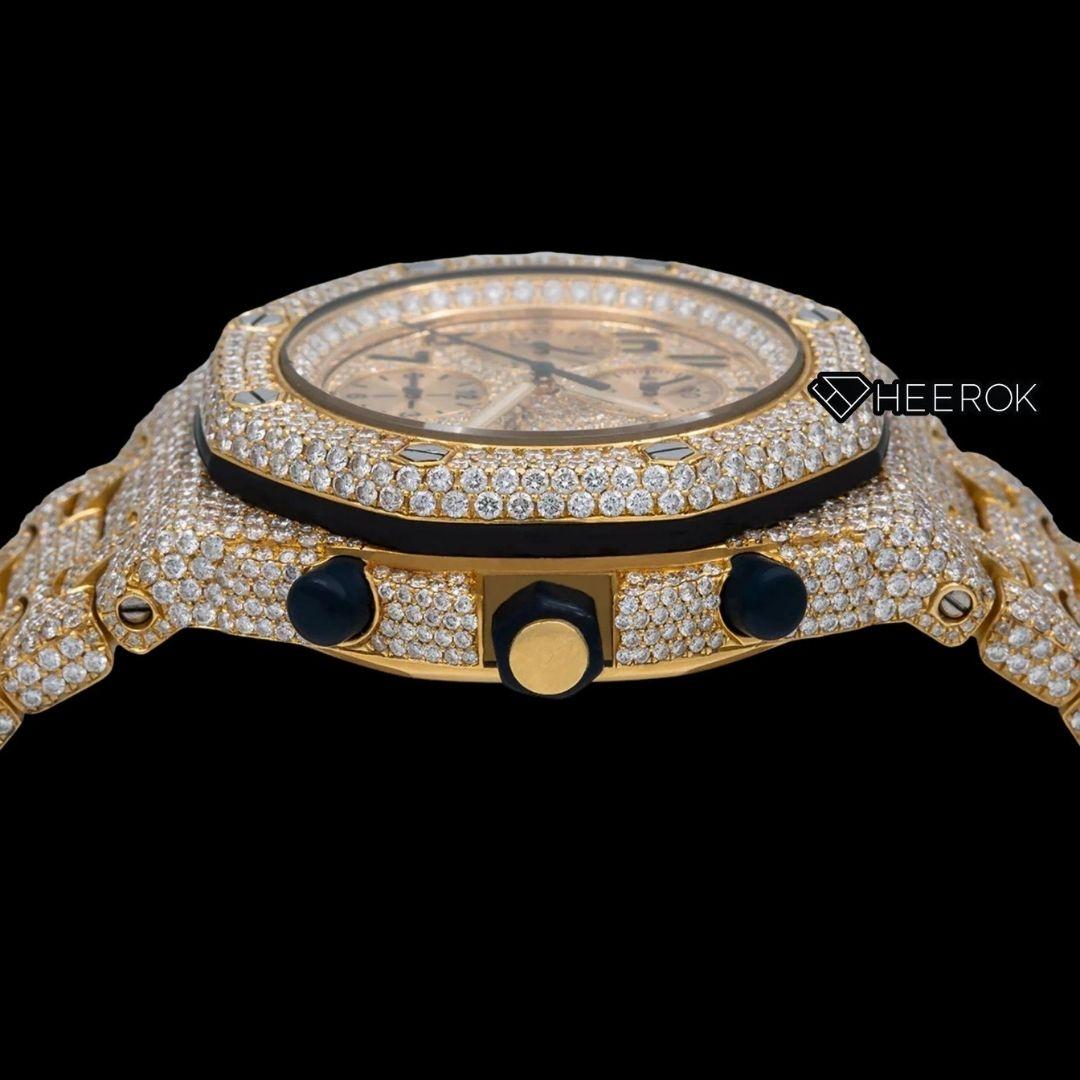 AP Royal Oak Offshore Chronograph Pave Diamond Dial Black Standard Numerals Yellow Gold Diamond Bezel Fully Iced Out Yellow Gold Moissanite Watch