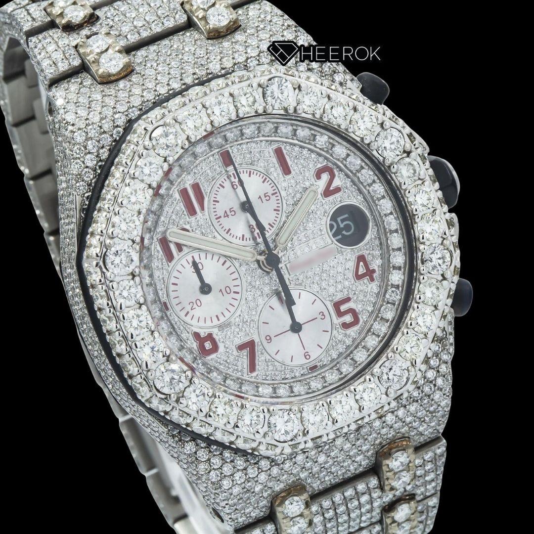 AP Royal Oak Offshore Chronograph Pave Diamond Dial Red Standard Numerals Large Round Diamond Bezel Fully Iced Out Moissanite Watch