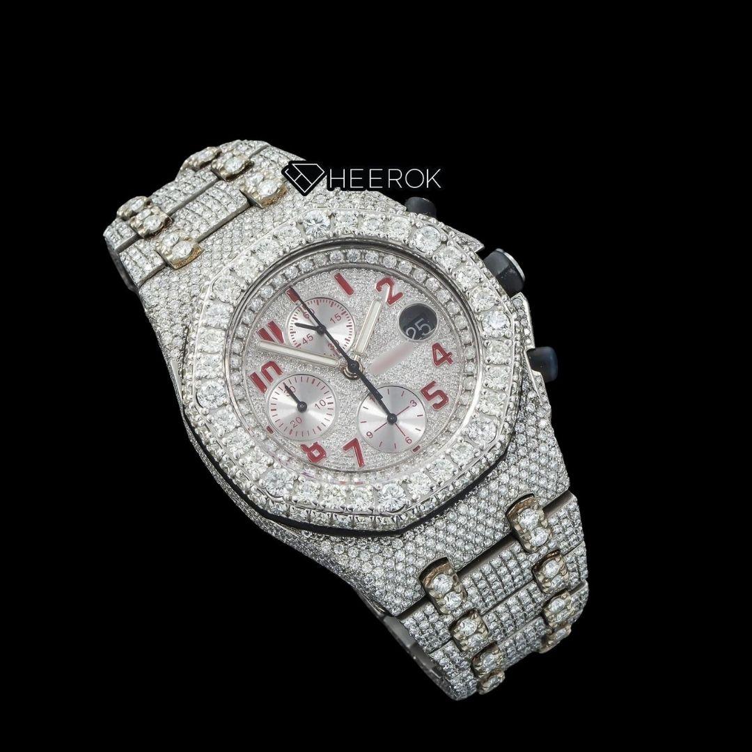 AP Royal Oak Offshore Chronograph Pave Diamond Dial Red Standard Numerals Large Round Diamond Bezel Fully Iced Out Moissanite Watch