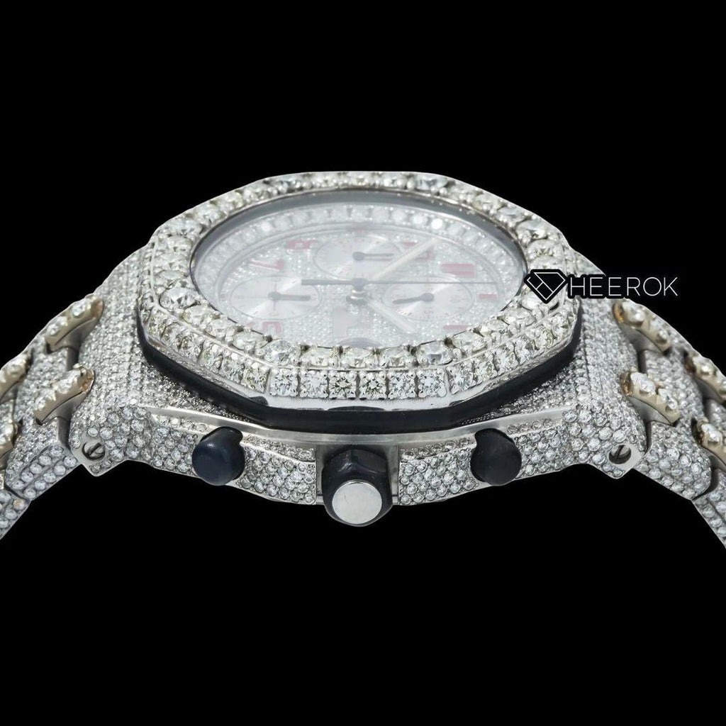 AP Royal Oak Offshore Chronograph Pave Diamond Dial Red Standard Numerals Large Round Diamond Bezel Fully Iced Out Moissanite Watch