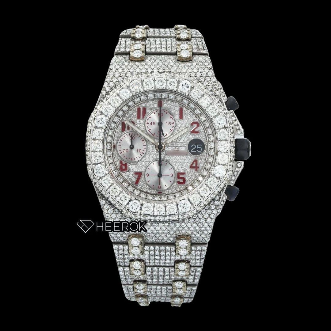 AP Royal Oak Offshore Chronograph Pave Diamond Dial Red Standard Numerals Large Round Diamond Bezel Fully Iced Out Moissanite Watch
