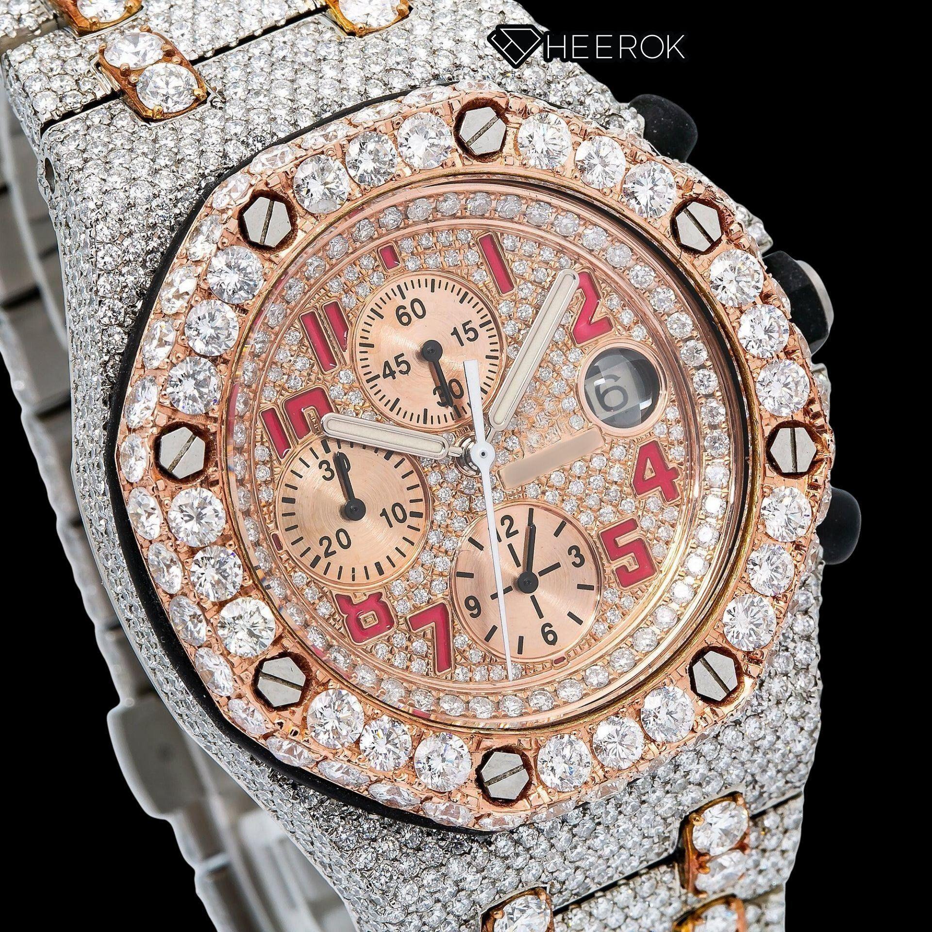 AP Royal Oak Offshore Chronograph Rose Gold Dial Red Standard Numerals Diamond Bezel Fully Iced Two Tone Rose Gold Moissanite Diamond Watch