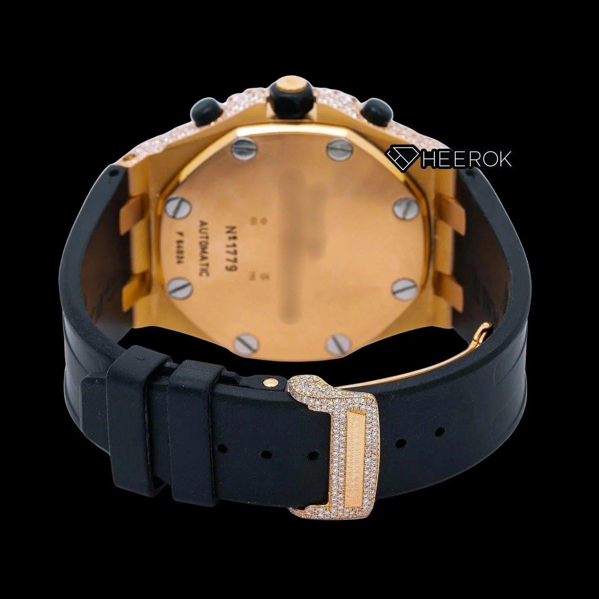 AP Royal Oak Offshore Chronograph  Rose Gold Dial Standard Numerals Diamond Bezel Black Rubber Strap Semi Iced Moissanite Diamond Watch