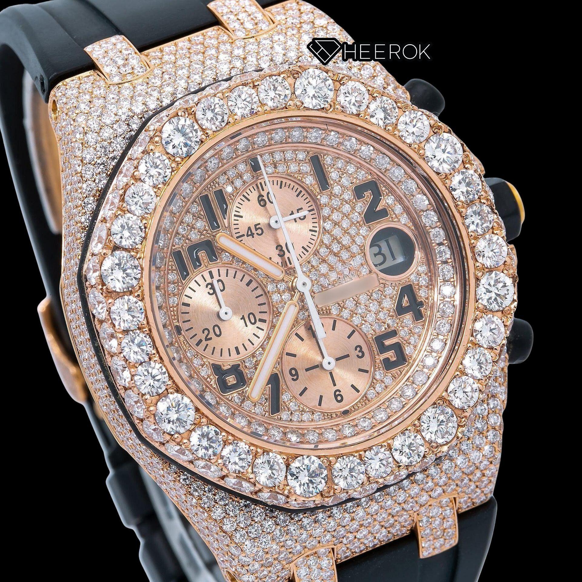 AP Royal Oak Offshore Chronograph  Rose Gold Dial Standard Numerals Diamond Bezel Black Rubber Strap Semi Iced Moissanite Diamond Watch