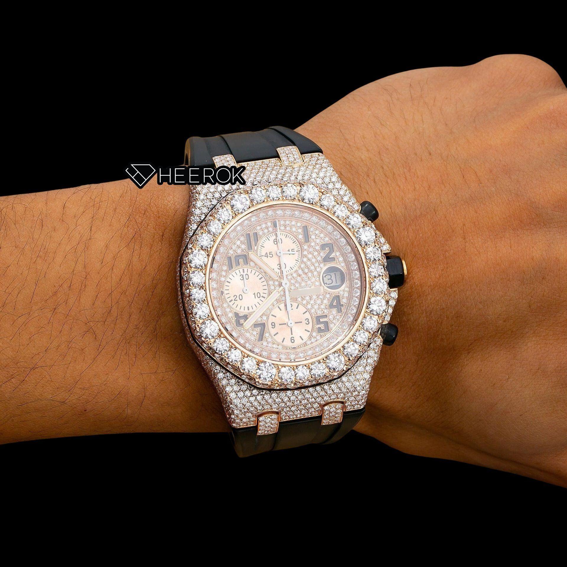 AP Royal Oak Offshore Chronograph  Rose Gold Dial Standard Numerals Diamond Bezel Black Rubber Strap Semi Iced Moissanite Diamond Watch