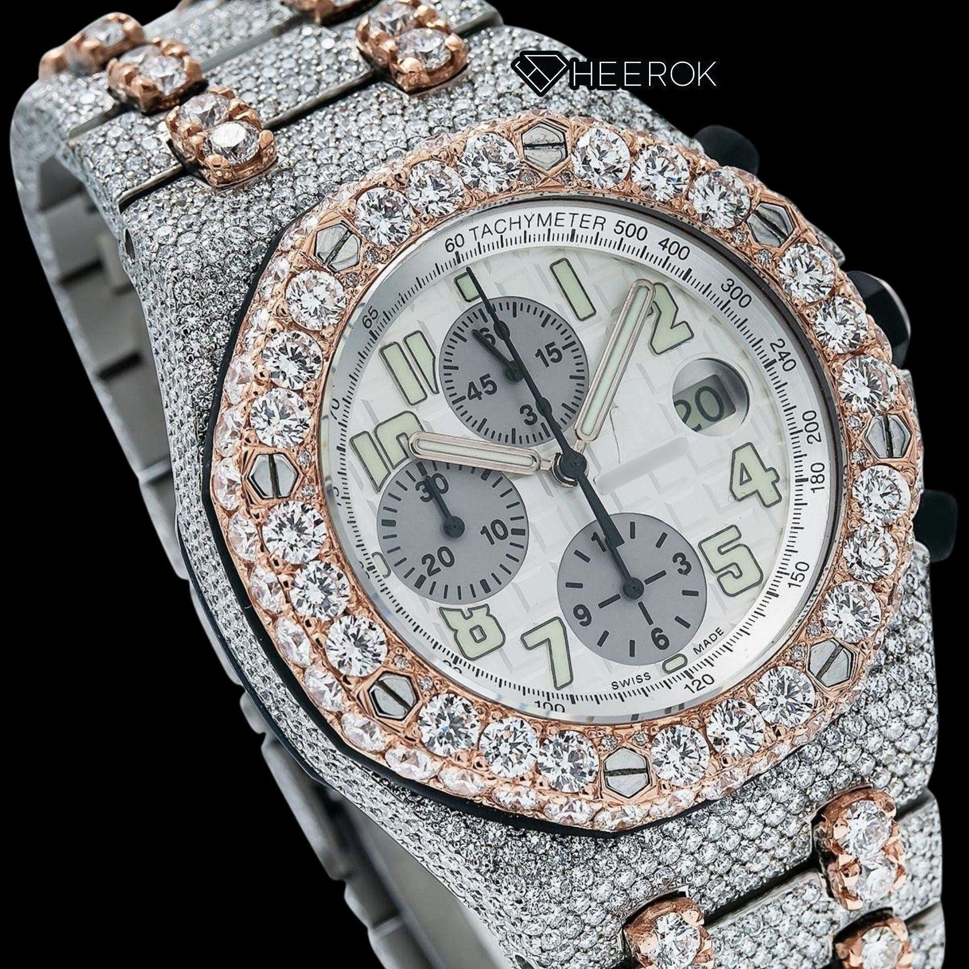 AP Royal Oak Offshore Chronograph White Dial Standard Numerals Large Round Diamond Bezel Rose Gold Two Tone Fully Iced Out Moissanite Watch