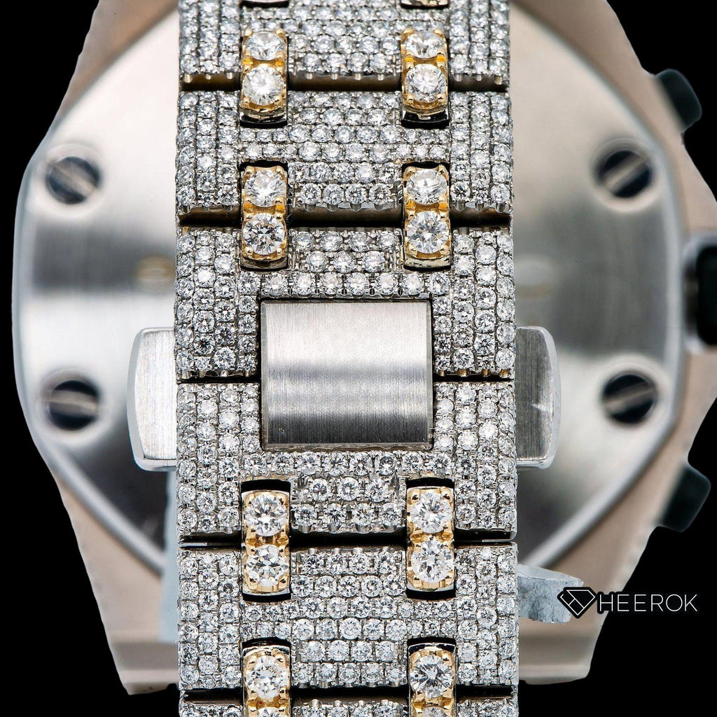 AP Royal Oak Offshore Chronograph Yellow Gold Dial Red Standard Numerals Large Round Diamond Bezel Two Tone Yellow Gold Fully Iced Moissanite Diamond Watch