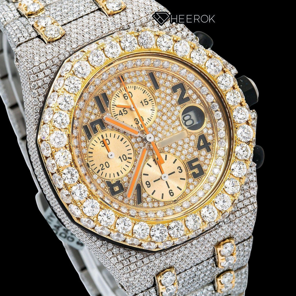 AP Royal Oak Offshore Chronograph Yellow Gold Dial Standard Numerals Large Round Diamond Bezel Two Tone Yellow Gold Moissanite Diamond Watch
