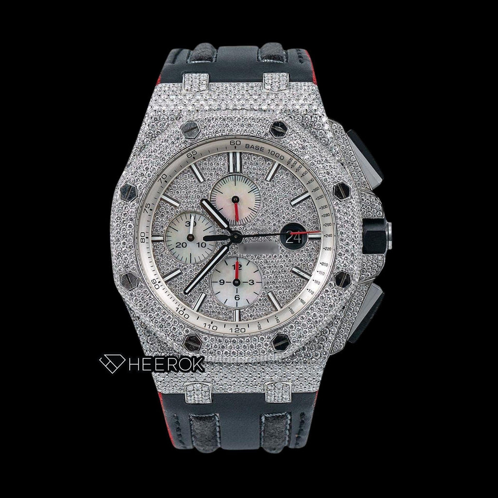 AP Royal Oak Offshore Full Pave Chronograph Diamond Dial Stick Markers Diamond Bezel Black Leather Strap Semi Iced Out Moissanite Watch