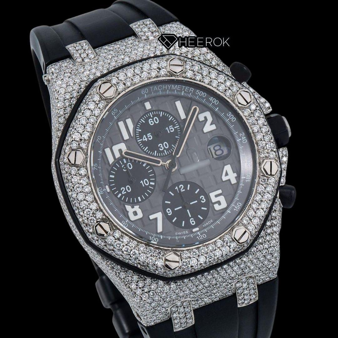 AP Royal Oak Offshore Standard Numerals Chronograph Black Dial Diamond Bezel Black Rubber Strap Semi Iced Out Moissanite Watch