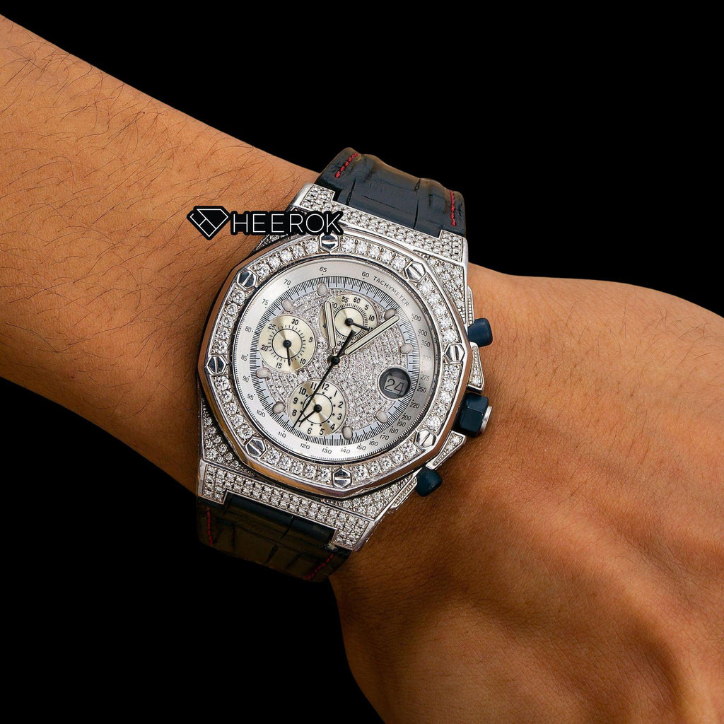 AP Royal Oak Offshore White Dial Diamond Markers Diamond Bezel Leather Strap Semi Iced Moissanite Diamond Watch