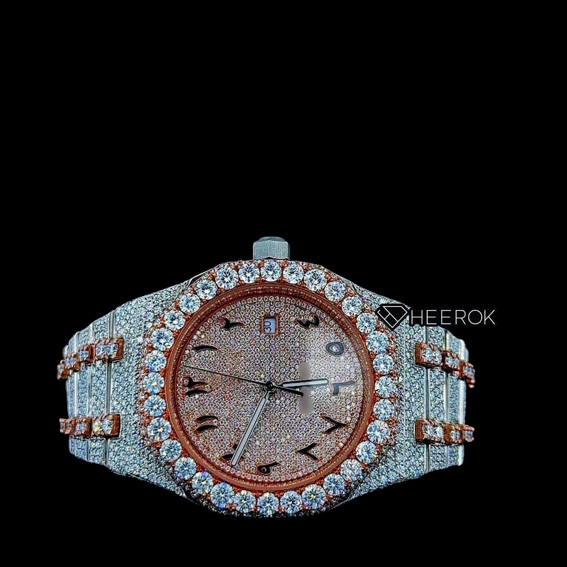 AP Royal Oak Rose Gold Dial Arabic Numerals Diamond Bezel Two Tone Rose Gold Moissanite Diamond Bracelet For Women